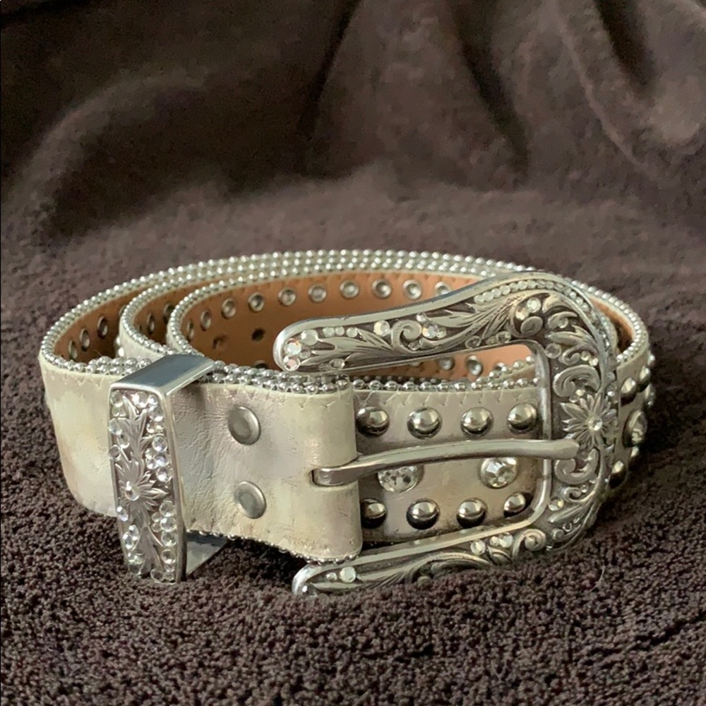 Silver Leather Western Belt with Crystals